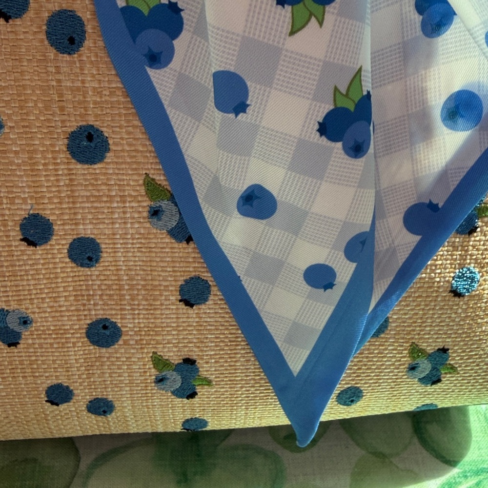 Betsey Johnson Beige blueberry Tote with Blue Floral & Polka Dot Scarf Bow - Picture 11 of 11